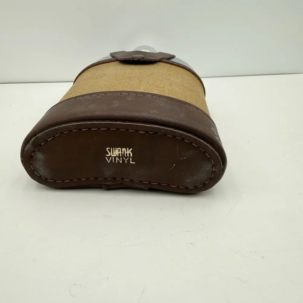 Vintage SWANK Glass Flask‎ Canvas Faux Leather Case Shot Glass Lid EUC